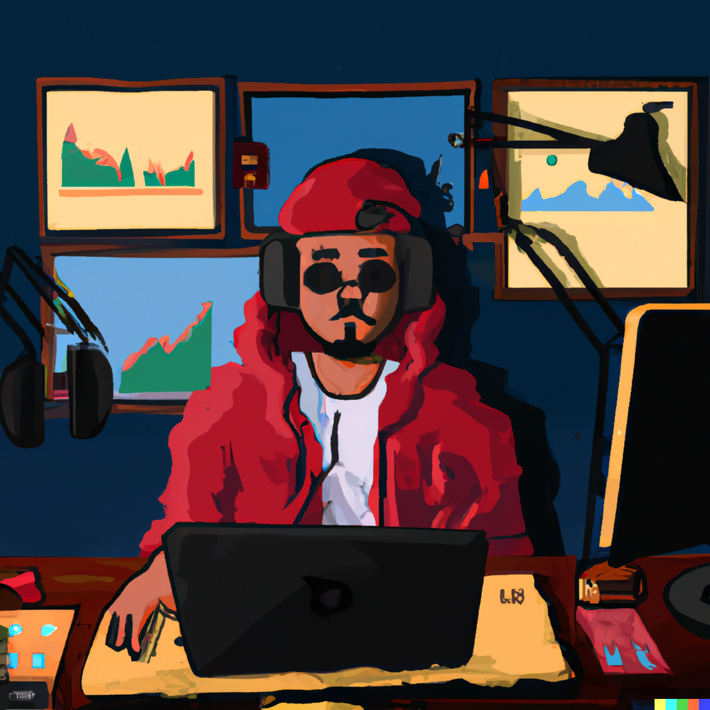 drawing of rapper sitting at computer facing the camera